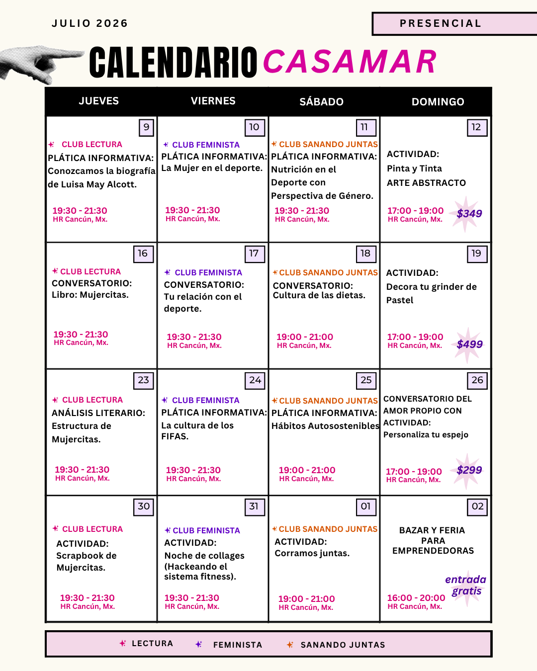 Calendario CasAmar julio 2026 presencial actualizado